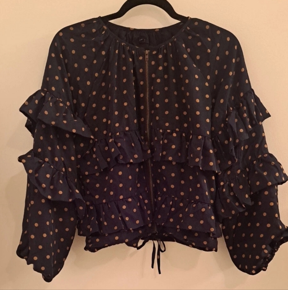 Free People X Lucca Ruffle Sleeve Zip Up Polka Dot Top Size Xs